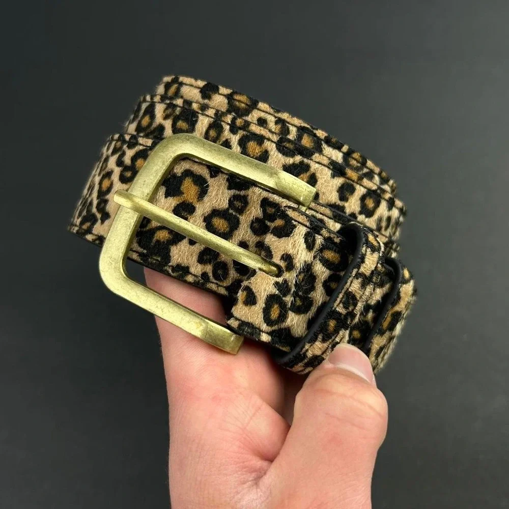 Vintage style cheetah leopard print fur belt american western boho black and tan